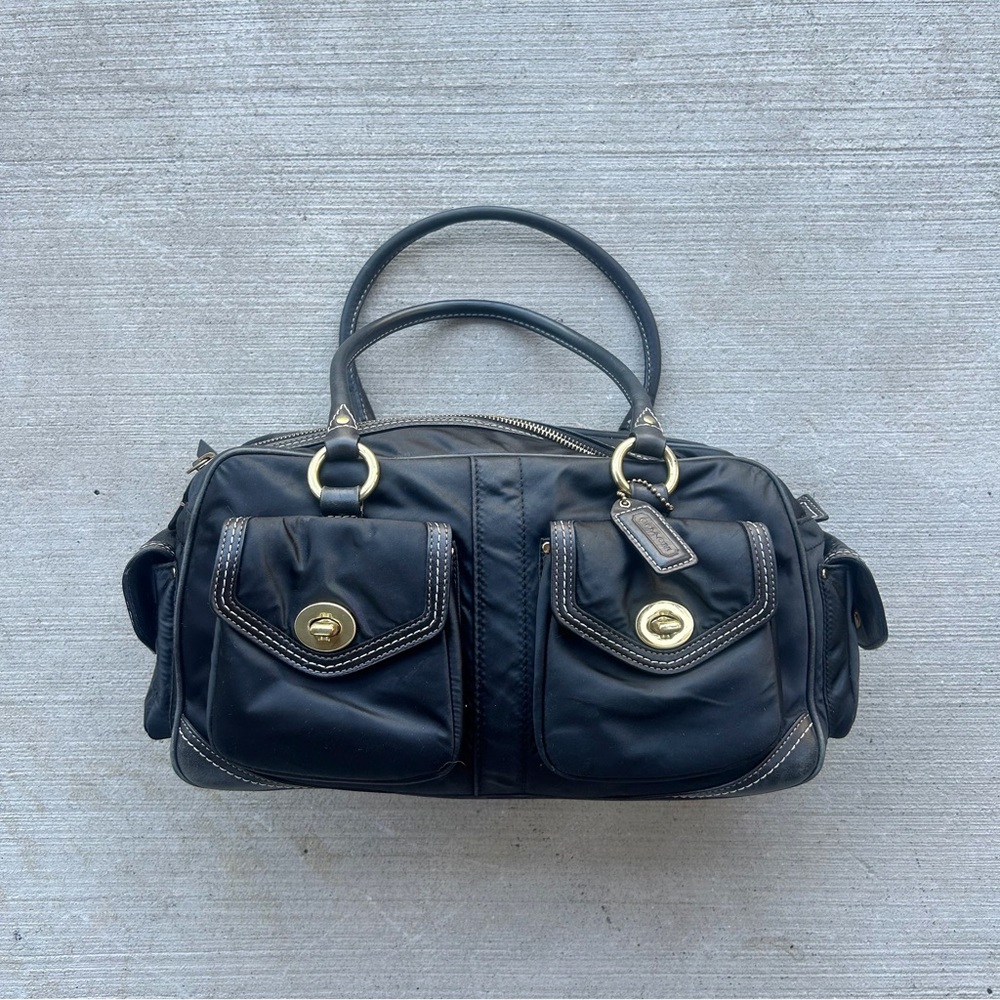 Vintage Coach Nylon Black Handbag with Leather Trim and Gold-tone Hardware.